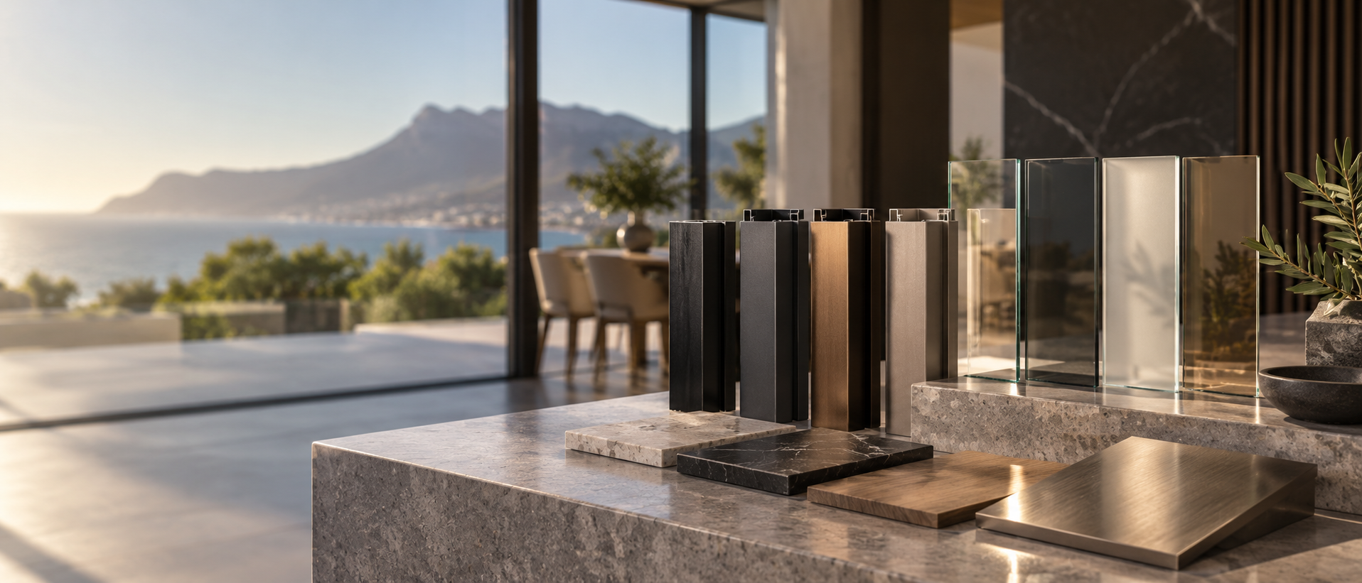 Aluminium and glass finish samples arranged in a modern coastal interior