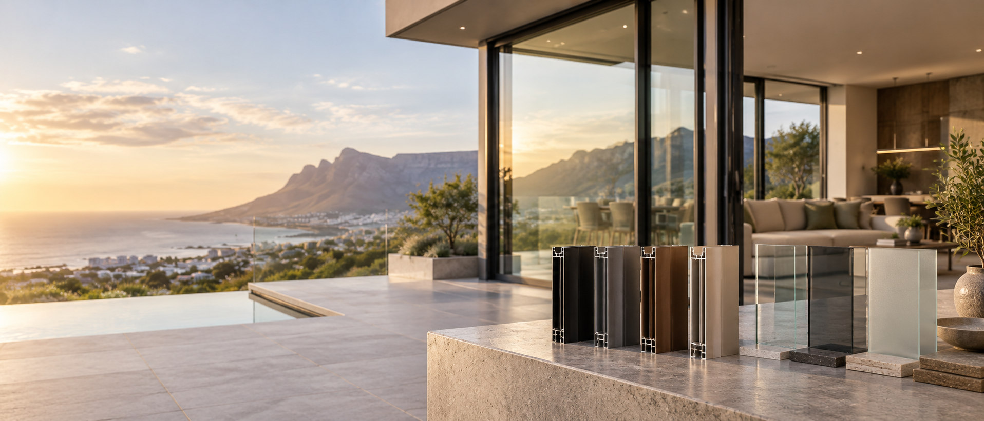 Architectural inspiration showing aluminium frame and glass samples in a modern coastal home
