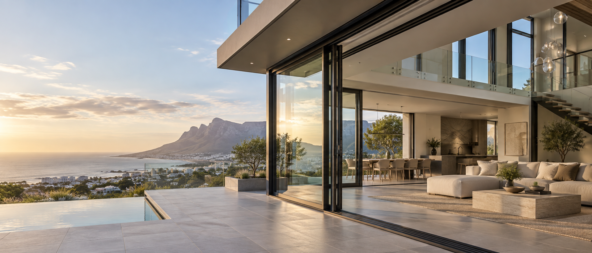 Modern glass and aluminium installation opening a home to a coastal landscape
